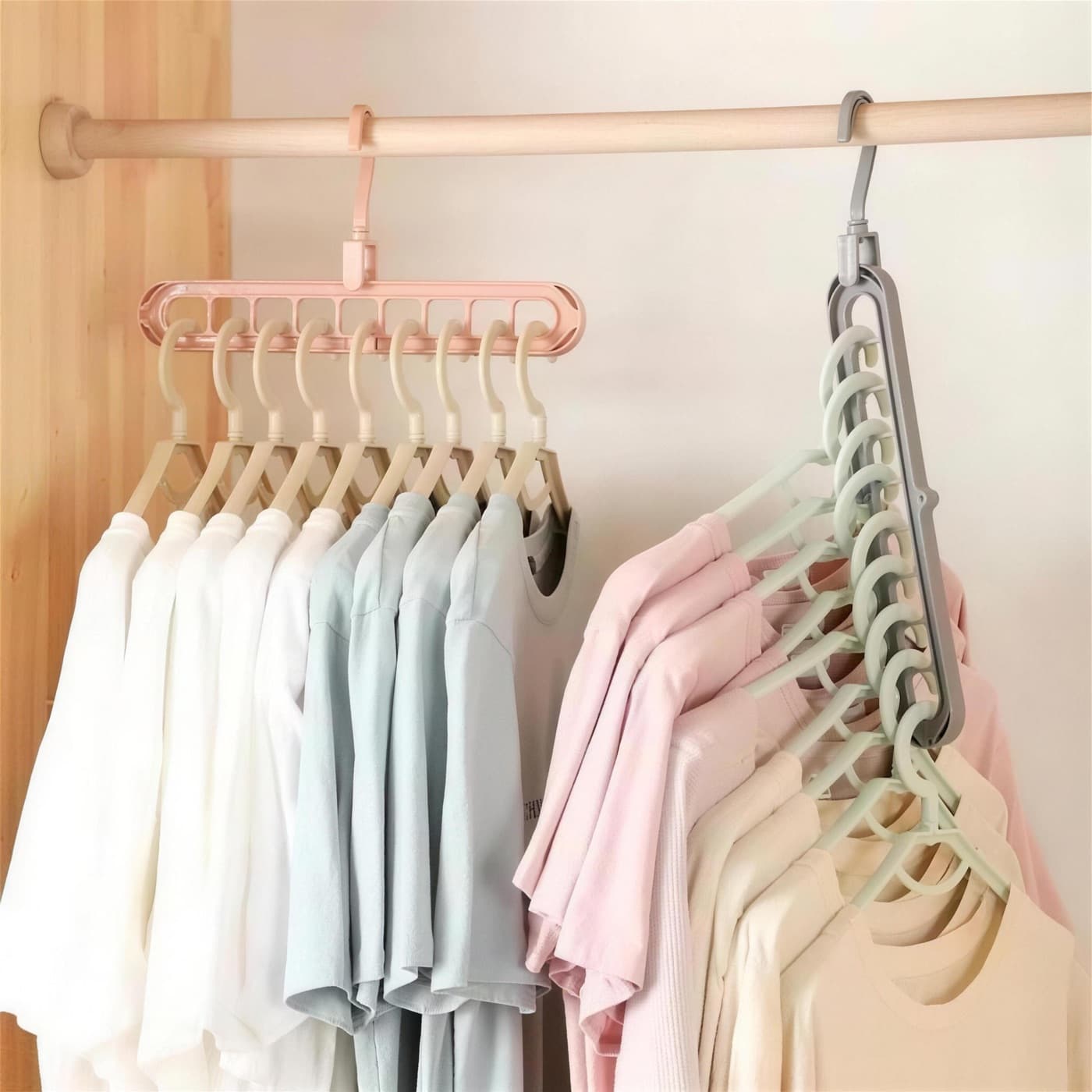 Closet close-up, beige and grey
